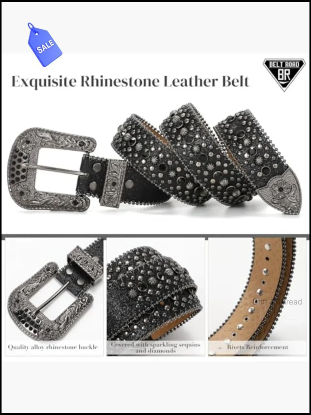 Rhinestone Western Cowboy Belt with Sparkling Bling, Detachable Buckle